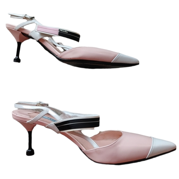 Prada Pink White Leather Sling Back Pump  Heels - Picture 14 of 16